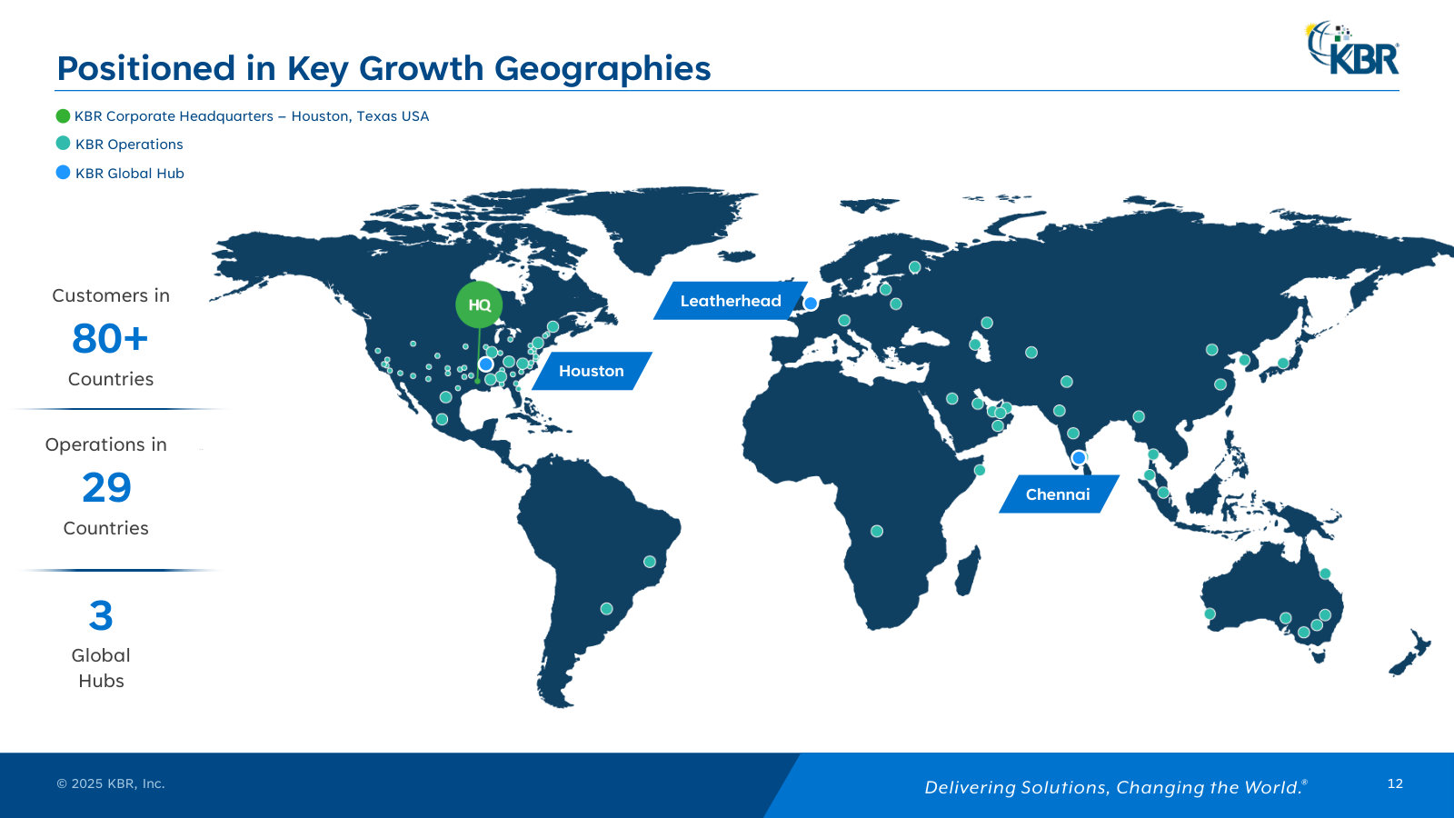 Global footprint: customers in 80+ countries, operations in 29, three hubs (Houston, Leatherhead, Chennai).
